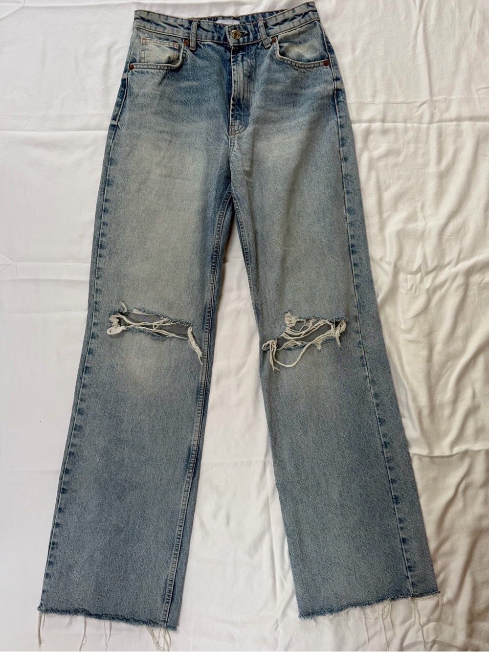Zara Light Wash High-Rise Distressed Wide Leg Jeans